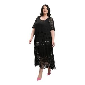 Alembika Adaline Lace Dress Black Sheer Overlay Beige Slip Size 7 US 18-20 NWT